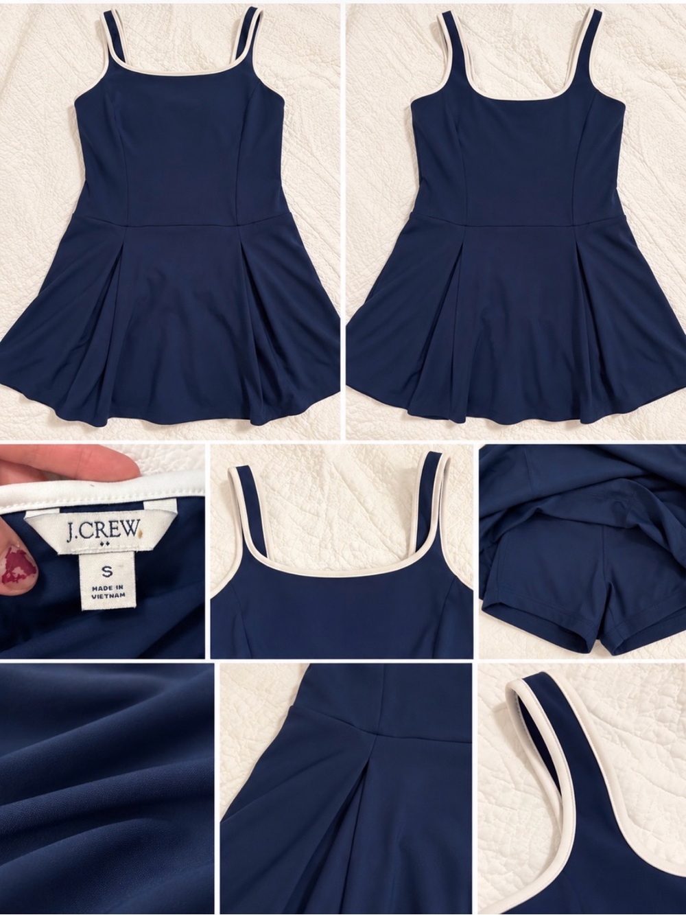 J. Crew Navy One-Piece Swim Dress with Cream Trim